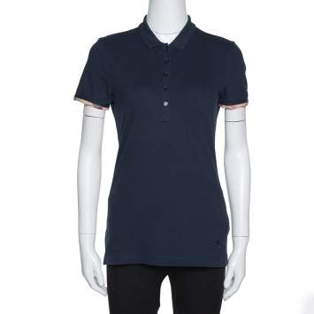 Pre Owned Burberry Brit Navy Blue Cotton Nova Check Trim Polo T-Shirt S