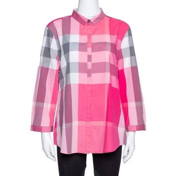 Pre Owned Burberry Brit Pink Cotton Classic Check Ruched Detail Shirt XL 