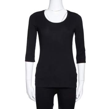 Pre Owned Burberry Black Stretch Cotton Three Quarter Sleeve Round Neck Top XS
