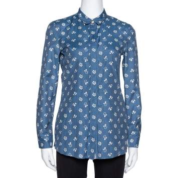 Pre Owned Burberry Brit Blue Printed Cotton & Silk Long Sleeve Shirt XS