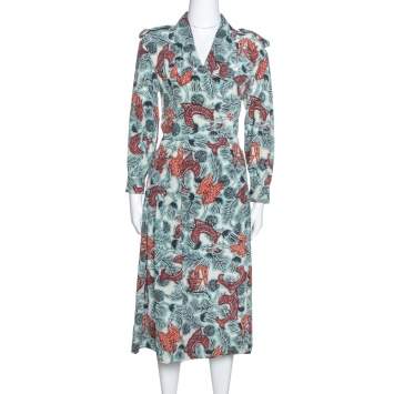 Pre Owned Burberry Pale Blue Printed Silk Long Sleeve Wrap Dress M