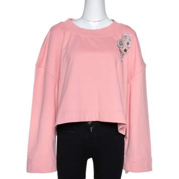 Pre Owned Burberry Rose Pink Terry Cotton Crystal Brooch Detail Cropped Sweatshirt L