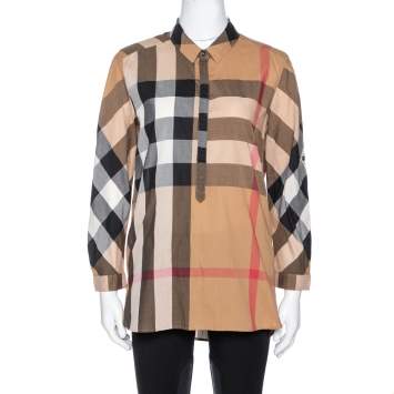 Pre Owned Burberry Brit Camel Exploded Check Cotton Half Placket Shirt S