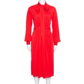 Pre Owned Burberry Red Jersey Top Stitch Detail Tie Neck Dress XS
