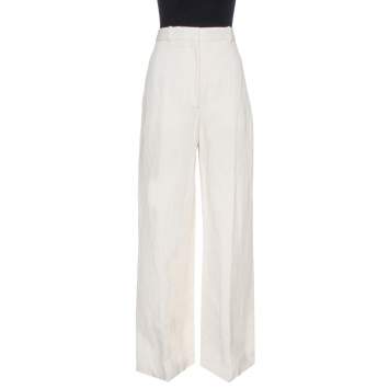 Pre Owned Burberry Cream Linen Canvas Wide Leg Stonewood Trousers M