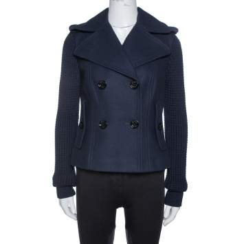 Pre Owned Burberry Navy Blue Wool Blend Knitted Sleeve Pea Coat S