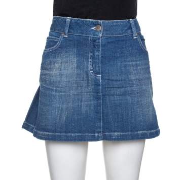 Pre Owned Burberry Blue Denim Pleated Mini Skirt S