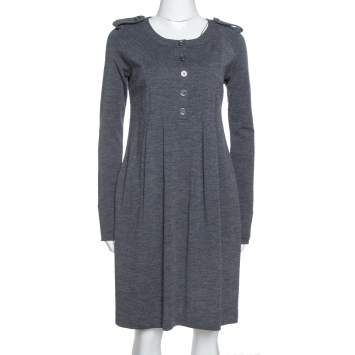 Pre Owned Burberry Grey Wool Pleated Knee Length Dress S
