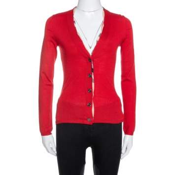 مملوكة مسبقًا Burberry Brit Red Wool Knit Nova Check Trim Sweater XS