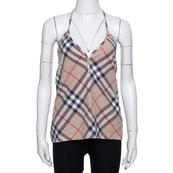 Pre Owned Burberry Beige Nova Check Stretch Cotton Halter Neck Top XL