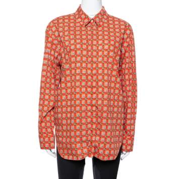 Pre Owned Burberry Red Tiled Archive Print Cotton Long Sleeve Shirt L