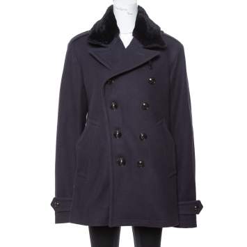 مملوكة مسبقًا Burberry Navy Blue Wool Shearling Collar Double Breasted Coat XL