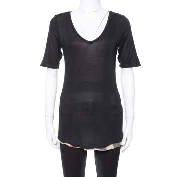 Pre Owned Burberry Black Stretch Knit Novacheck Trim T-Shirt XS