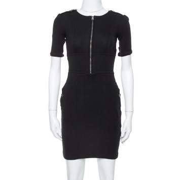 Pre Owned Burberry Black Wool Front Zip Midi Dress XS