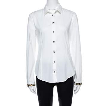 Pre Owned Burberry Brit White Cotton Jewel Embellished Cuff Long Sleeve Shirt M