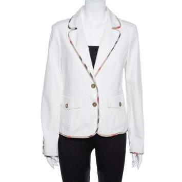 Pre Owned Burberry White Cotton Denim Blazer M