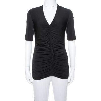 Pre Owned Burberry Black Stretch Knit Ruched V-Neck Top S