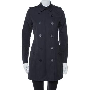 Pre Owned Burberry Midnight Blue Gabardine & Jacquard Lapel Detail Trench Coat S
