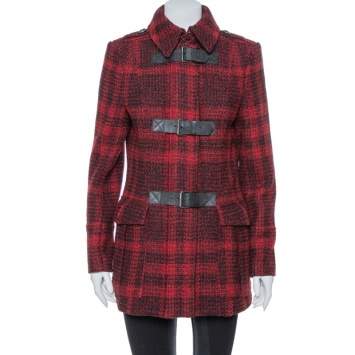 مملوكة مسبقًا Burberry Brit Red & Black Tweed Buckle Detailed Coat M