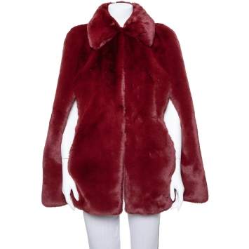 Pre Owned Burberry Burgundy Faux Fur Collared Cape Jacket XS