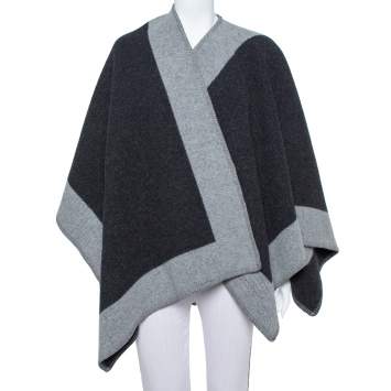 مملوكة مسبقًا Burberry Black & Grey Wool Poncho (One Size)