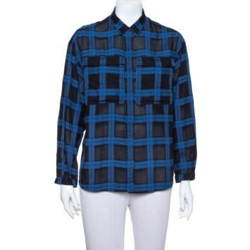 Pre Owned Burberry Brit Black& Blue Plaid Flannel Button Front Shirt M