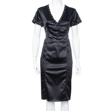 Pre Owned Burberry Black Satin Embellished Paneled Short Dress M