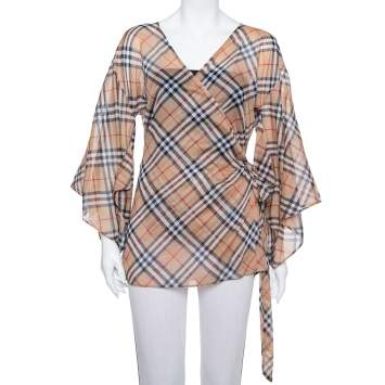 Pre Owned Burberry Beige Novacheck Cotton Kimono Sleeve Sheer Wrap Top M