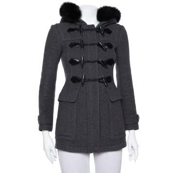 مملوكة مسبقًا Burberry Brit Grey Wool Fur Trim Detail Hooded Mid Length Coat XS