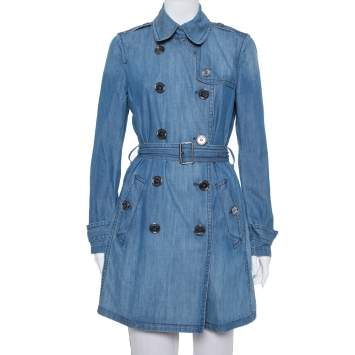 مملوكة مسبقًا Burberry Brit Blue Denim Double Breasted Belted Trench Coat M