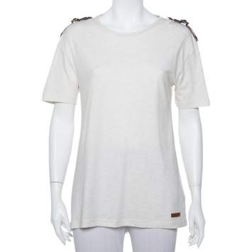 Pre Owned Burberry Brit Cream Knit Leather Belt Detail Short Sleeve T-Shirt S