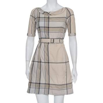 Pre Owned Burberry Brit Beige Checkered Pattern Cotton Belted Mischa Dress XS