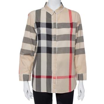 Pre Owned Burberry Beige Vintage Check Cotton Lace Detail Button Front Shirt L