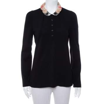 Pre Owned Burberry Brit Black Cotton Pique Contrast Collar Detail Long Sleeve T-Shirt L