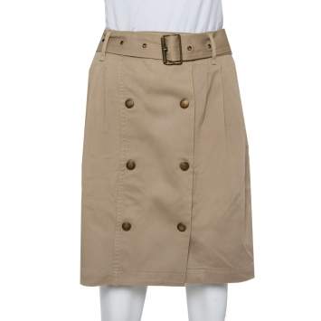 Pre Owned Burberry Brit Khaki Brown Stretch Cotton Belted Skirt S
