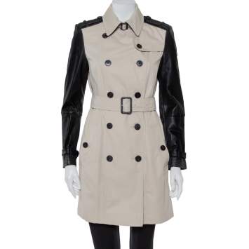 مملوكة مسبقًا Burberry Beige Cotton & Leather Double Breasted Trench Coat M