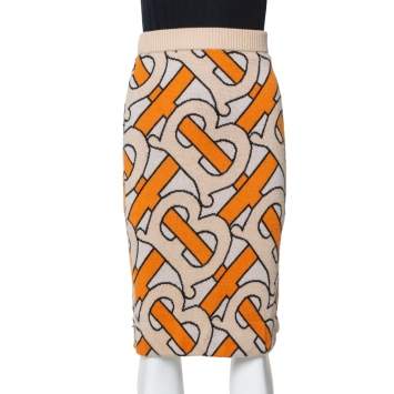 Pre Owned Burberry Beige & Orange Logo Jacquard Wool Midi Skirt S
