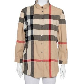 Pre Owned Burberry Brit Beige Nova Check Cotton Puff Sleeve Button Front Shirt XL