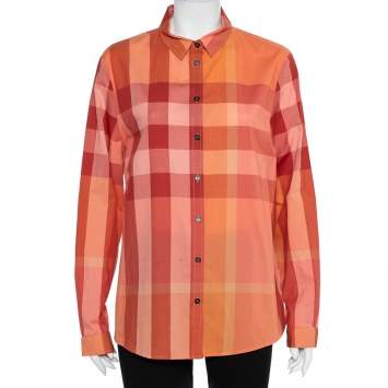 Pre Owned Burberry Brit Orange Checkered Cotton Button Front Shirt XL
