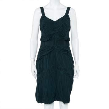 Pre Owned Burberry Dark Green Chiffon Plisse Detail Sleeveless Sheath Dress L