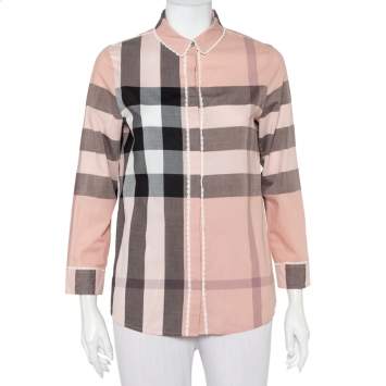 Pre Owned Burberry Pink Check Patterned Cotton Lace Trim Detail Shirt S