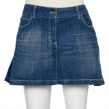 Pre Owned Burberry Navy Blue Denim Pleated Detail Mini Skirt S