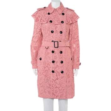 Pre Owned Burberry Pink Lace Ruffled Double Breasted Stanhill Trench Coat M