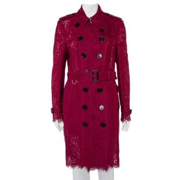Pre Owned Burberry Burgundy Lace Double Breasted Belted Trench Coat L