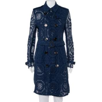 مملوكة مسبقًا Burberry Navy Blue Lace Double Breasted Belted Stanhill Trench Coat L