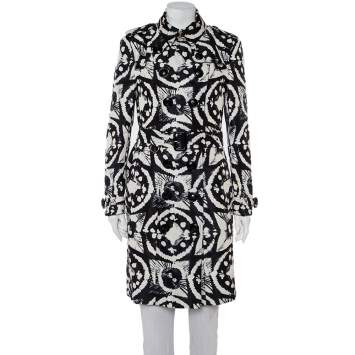 Pre Owned Burberry Monochrome Ink Tie Dye Printed Silk Double Breasted Belted Trench Coat L