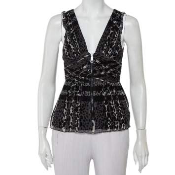 Pre Owned Burberry Black Animal Printed Silk Plunge Neck Draped Peplum Top S