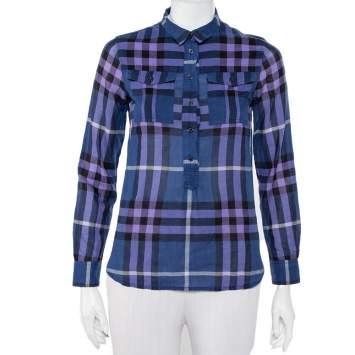 Pre Owned Burberry Brit Navy Blue Checkered Cotton Half Buttoned Shirt XXS