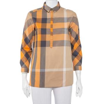 Pre Owned Burberry Brit Orange Nova Check Cotton Half Buttoned Shirt XS