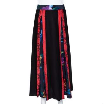Pre Owned Burberry Black Silk & Metallic Floral Fil Coupe Paneled Midi Skirt XS